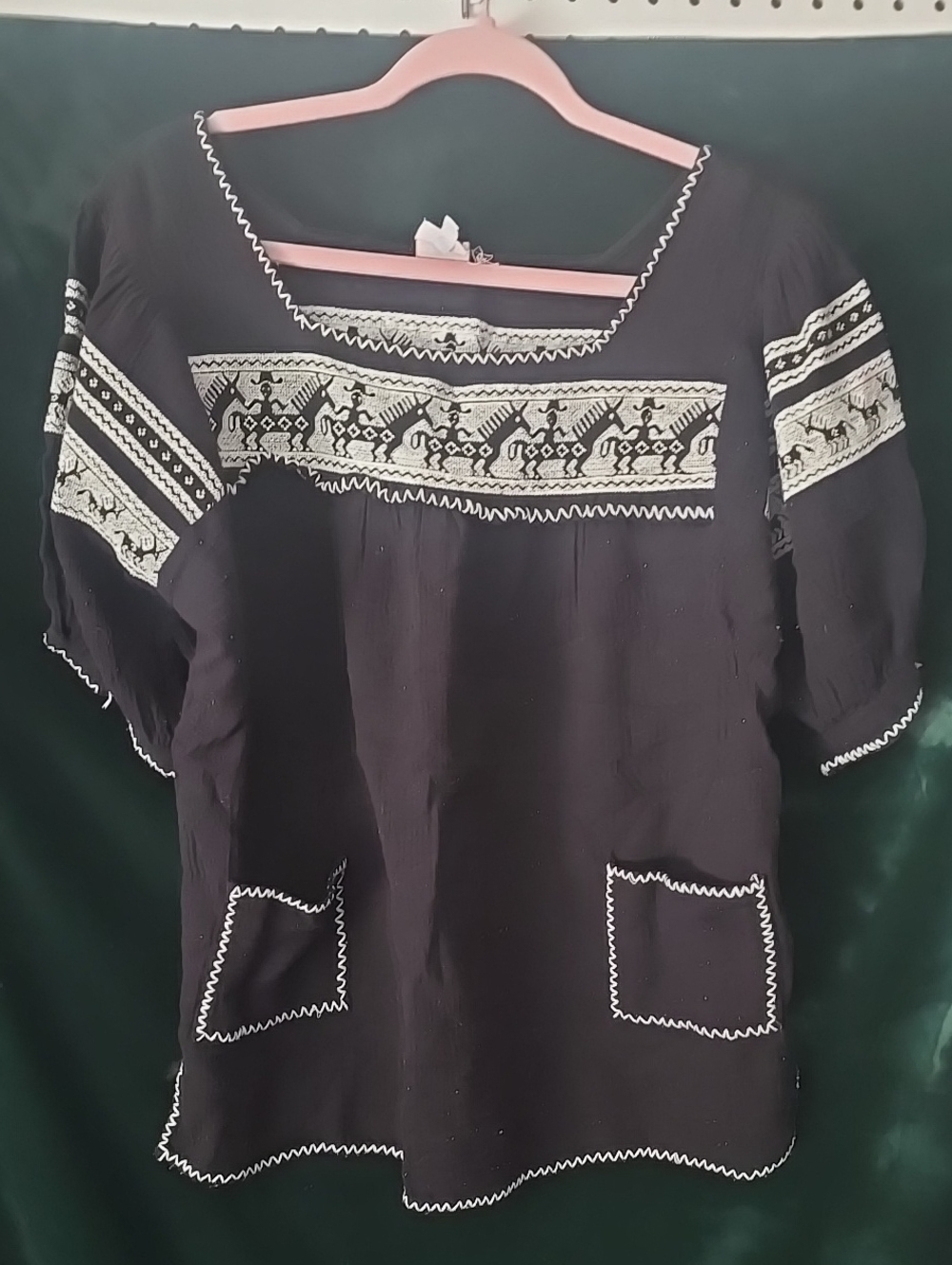 Sister Mary,black Embroidered Peasant Top - Boho Short Sleeve
